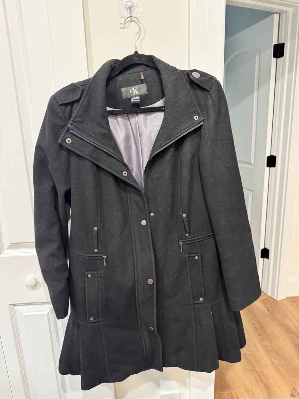 Calvin Klein Black Wool-Blend Pea Coat with Snap & Zip Front